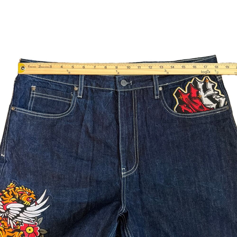 Ninth Hall Waylay Denim Shorts Men 36 Tiger Rose Embroidery Jorts Y2K Streetwear - Picture 7 of 10